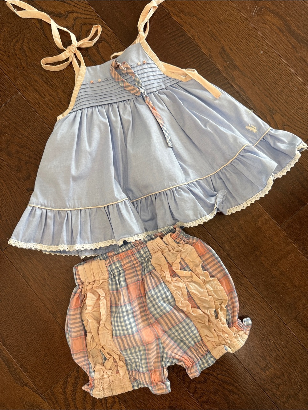Well Dressed Wolf Blue Ruffle Tank with Peach Plaid Bloomers